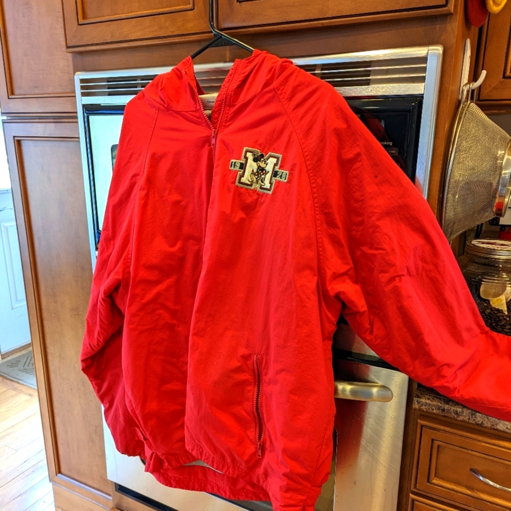 Disneyland Resort Hooded Jacket size large. Red with Minnie Mouse emblems